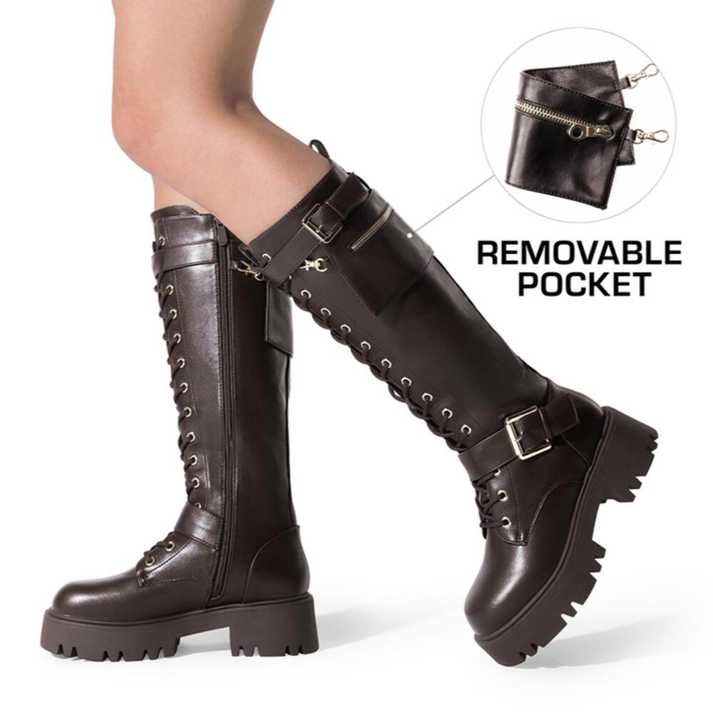 Dream Pairs Black Lace-Up Combat Moto Boots with Side Pocket - Picture 3 of 16